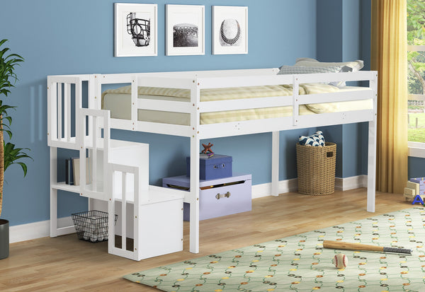 Mod White Low Loft Twin Bed with Stairway