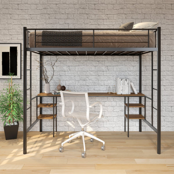 Neo Black and Maple Metal Loft Bed with Desk and Double Ladder