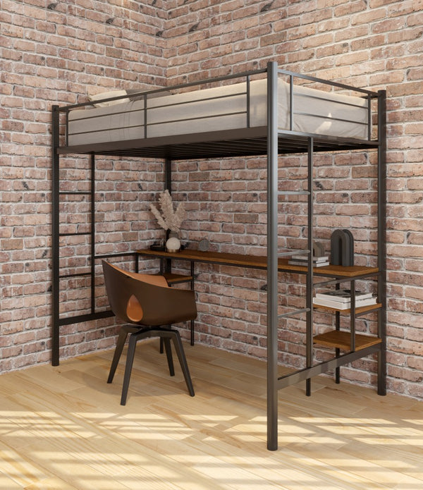 Neo Black and Maple Metal Loft Bed with Desk and Double Ladder