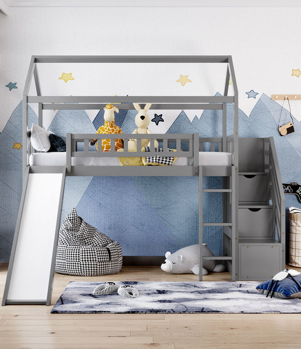 Cool Gray Twin Size Loft Bed with Slide and Storage