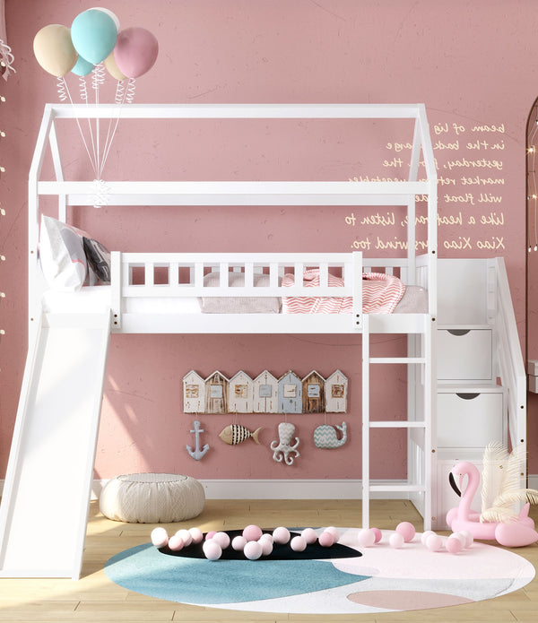 Cool White Twin Size Loft Bed with Slide and Storage