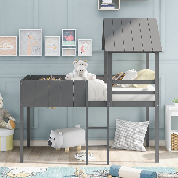 Playhouse Gray Twin Size Loft Bed with Roof