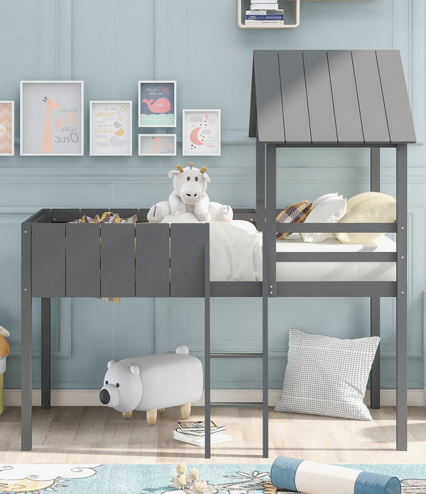 Playhouse Gray Twin Size Loft Bed with Roof