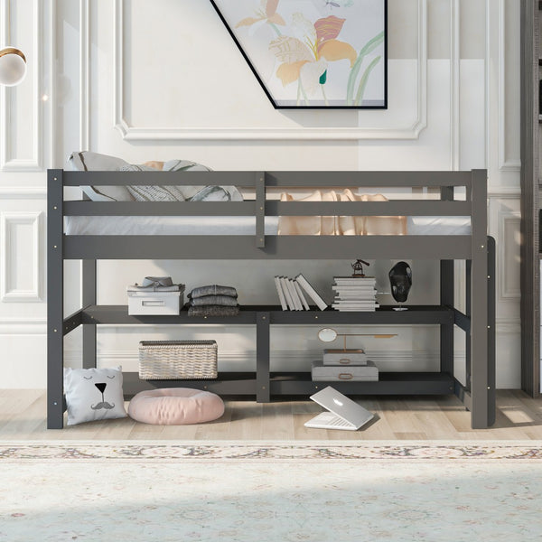 Minimalist Gray Twin Size Loft Bed with Built In Shelves