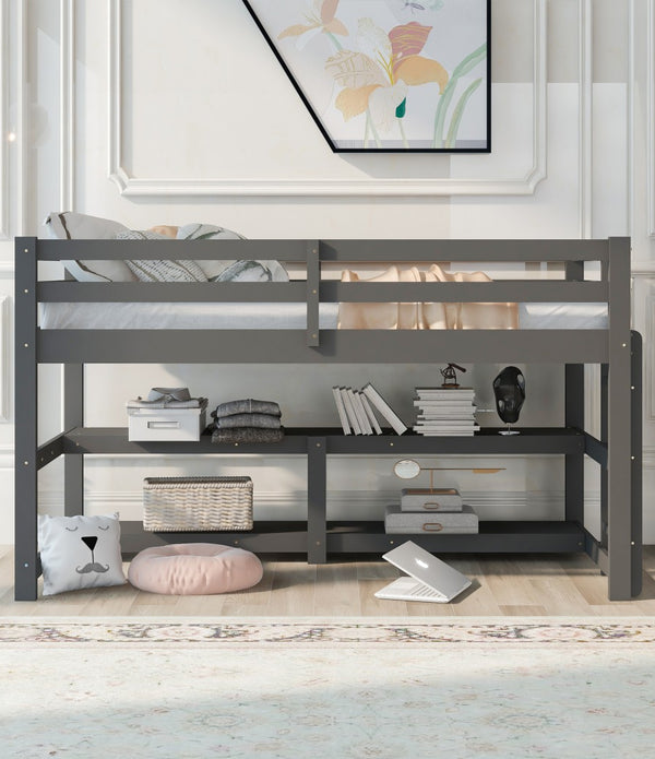 Minimalist Gray Twin Size Loft Bed with Built In Shelves