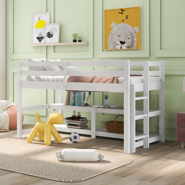 Minimalist White Twin Size Loft Bed with Built In Shelves