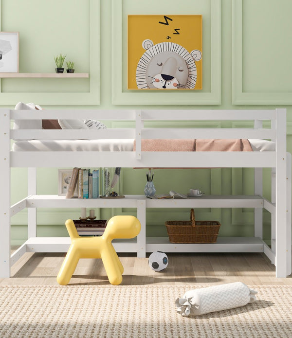 Minimalist White Twin Size Loft Bed with Built In Shelves