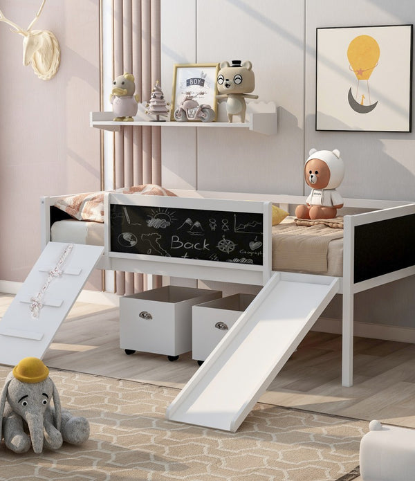 Climbing Frame White Twin Size Loft Bed with Slide and Storage Boxes