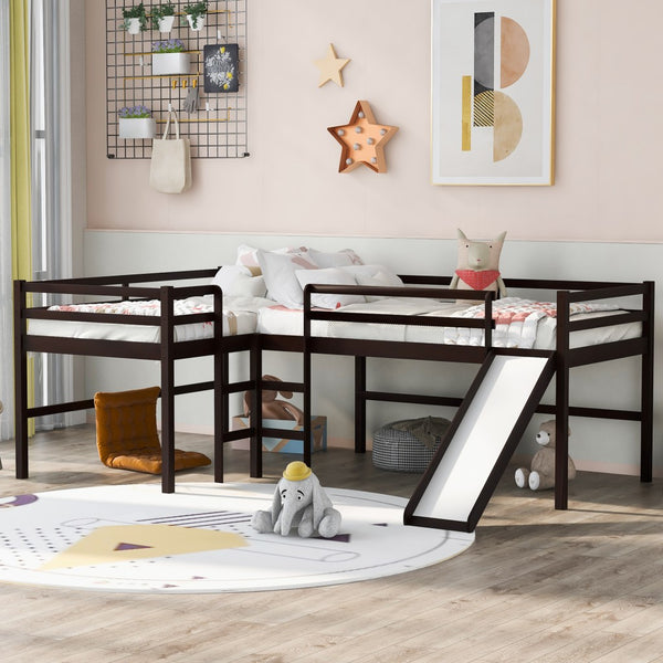 Dark Brown L Shaped Double Twin Low Loft Beds with Slide