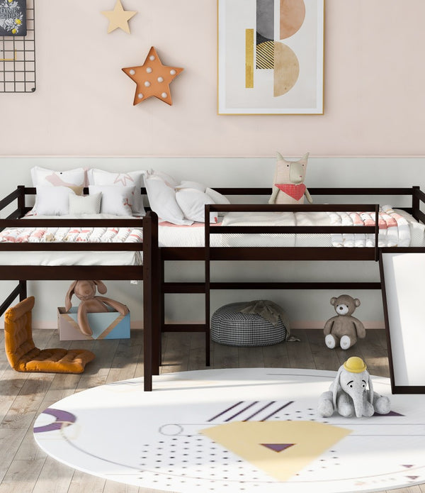 Dark Brown L Shaped Double Twin Low Loft Beds with Slide