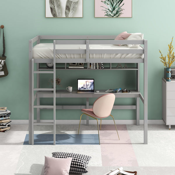 Minimalist Gray Twin Size Loft Bed with Built In Desk and Shelf