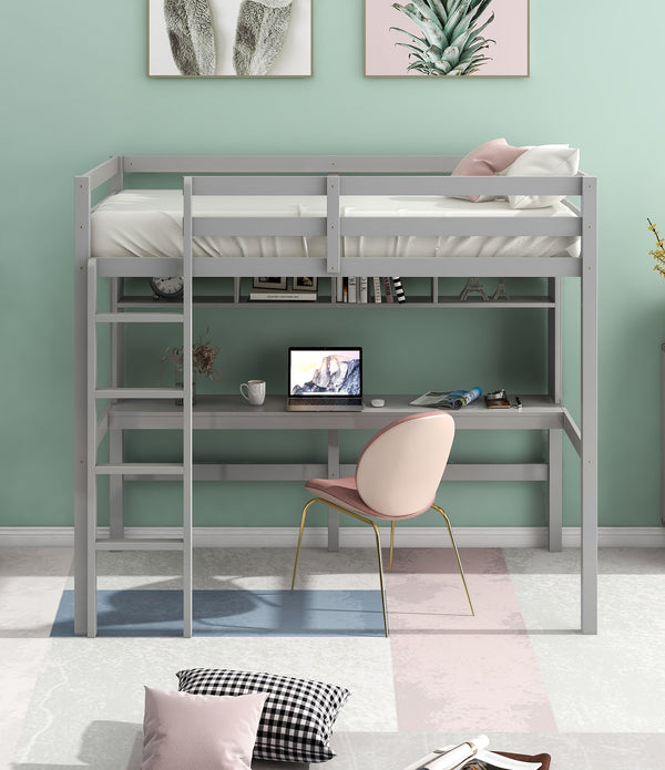 Minimalist Gray Twin Size Loft Bed with Built In Desk and Shelf