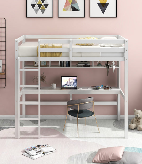 Minimalist White Twin Size Loft Bed with Built In Desk and Shelf