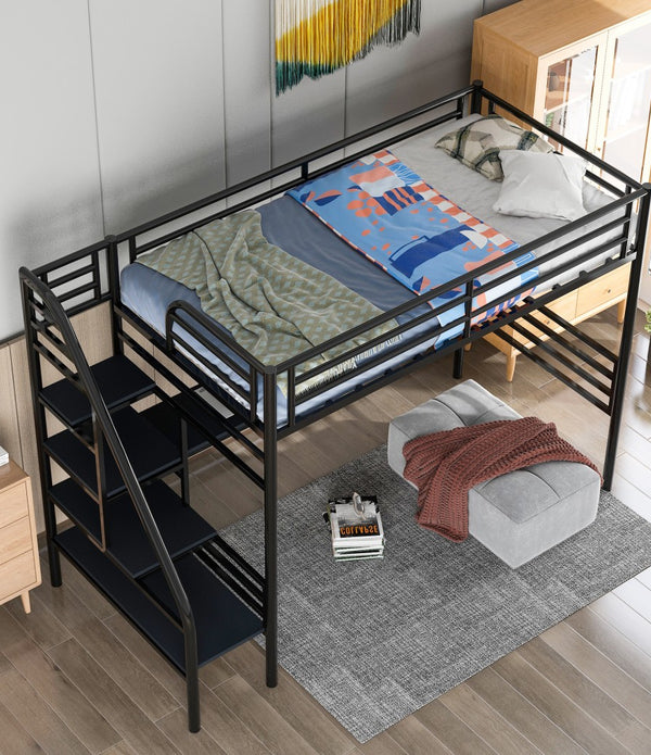 Mod Black Twin Size Metal Loft Bed with Desk and Stairs