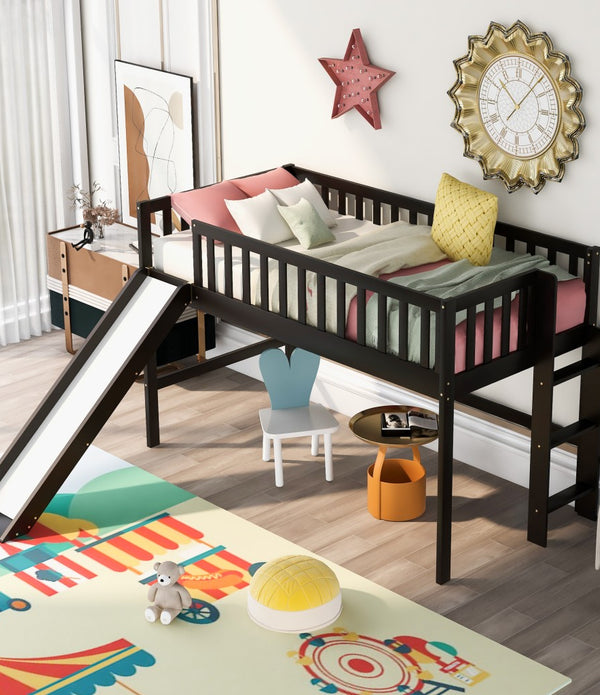 Dark Brown Twin Size Loft Bed with Slide