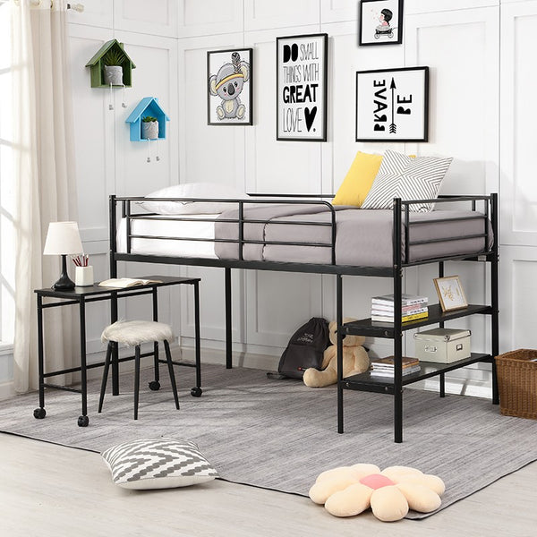 Mod Black Twin Size Metal Loft Bed with Book Shelf and Roll Out Desk