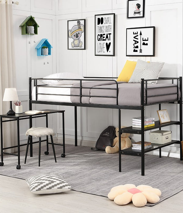 Mod Black Twin Size Metal Loft Bed with Book Shelf and Roll Out Desk