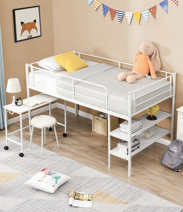 Mod White Twin Size Metal Loft Bed with Book Shelf and Roll Out Desk