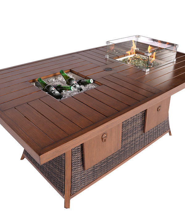 Brown Wicker Outdoor Gas Fire Pit Table with Ice Bucket