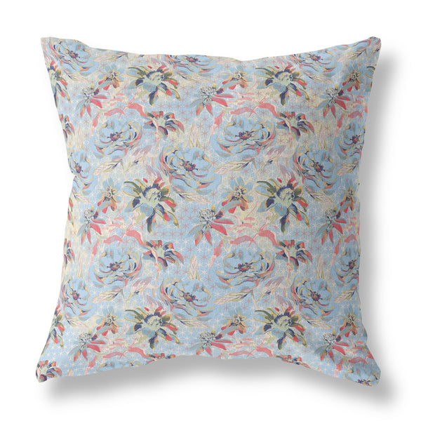 16' Light Blue Red Roses Indoor Outdoor Throw Pillow