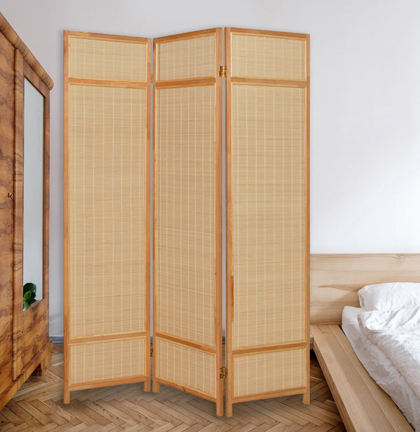 Natural Brown Bamboo Three Panel Room Divider Screen