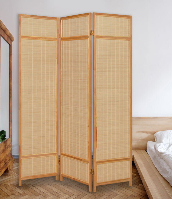 Natural Brown Bamboo Three Panel Room Divider Screen