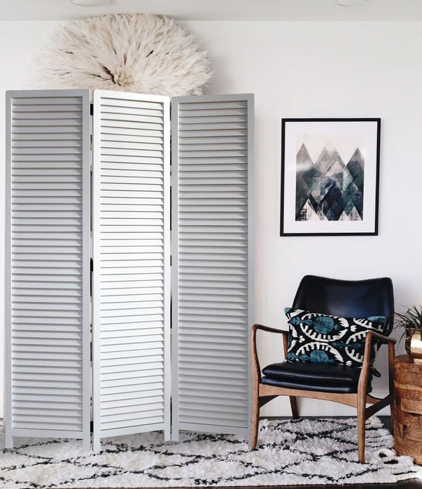 White Louvered Three Panel Room Divider Screen