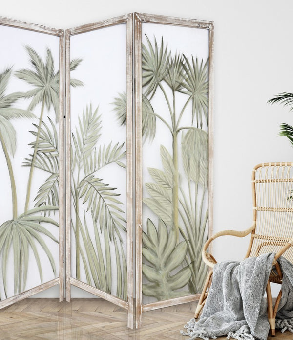 Earthy Opaque Palms Three Panel Room Divider Screen