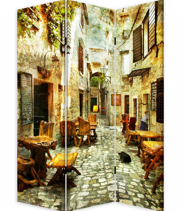 Romantic European Street Three Panel Room Divider Screen