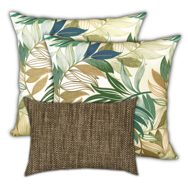 Set of 3 Beige Tropical Leaves Indoor Outdoor Sewn Pillows