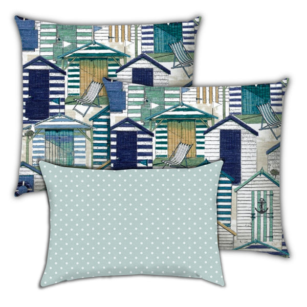 Set of 3 Blue Beach Hut Indoor Outdoor Sewn Pillows