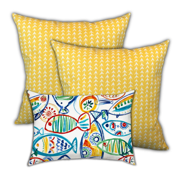 Set of 3 Yellow Fish Art Indoor Outdoor Sewn Pillows