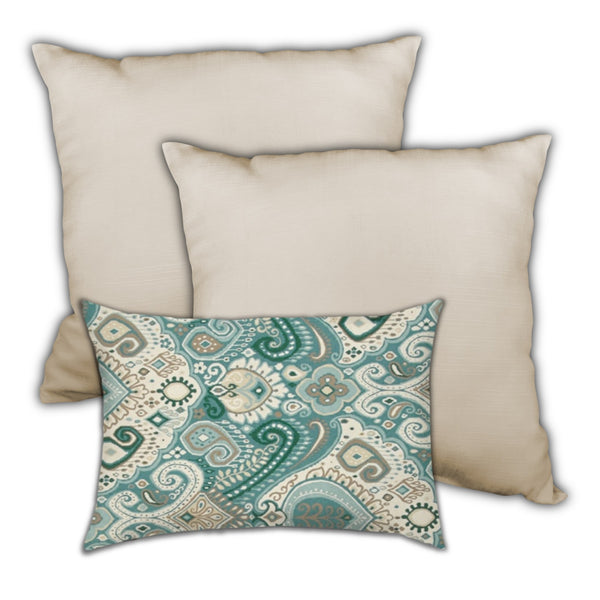 Set of 3 Teal Boho Chic Indoor Outdoor Sewn Pillows