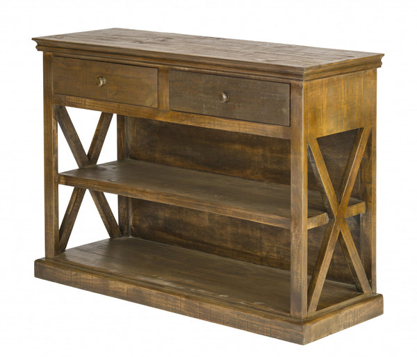 Rustic Maple Stain Wood Sofa Table with Drawers