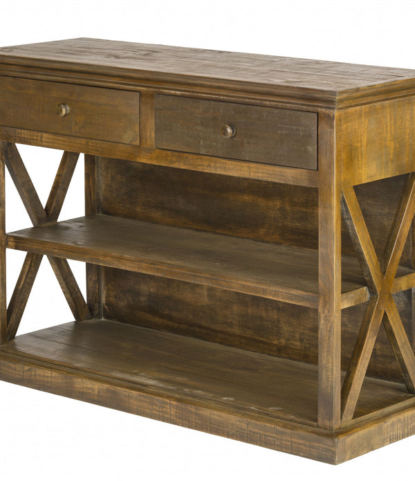 Rustic Maple Stain Wood Sofa Table with Drawers