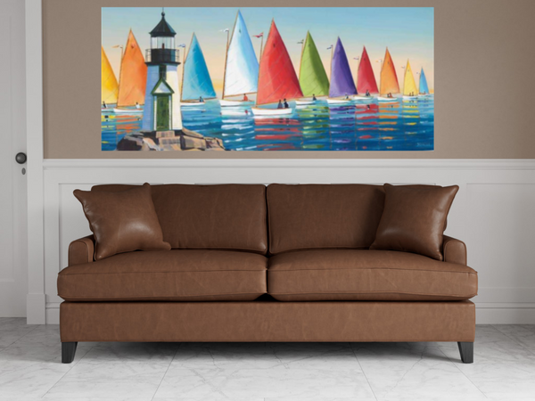 Colorful Sailboats with Lighthouse 1 Giclee Wrap Canvas Wall Art