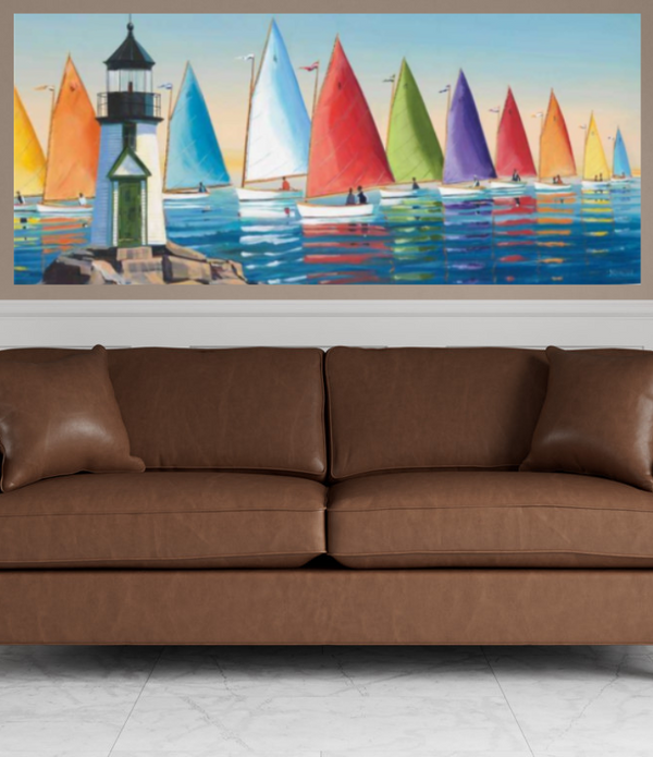 Colorful Sailboats with Lighthouse 1 Giclee Wrap Canvas Wall Art