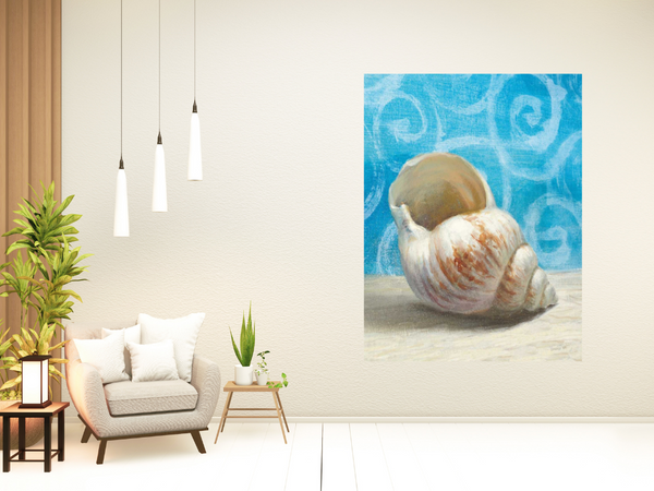 20" Mod Blue Scroll Coastal Conch 1 Giclee Wrap Canvas Wall Art