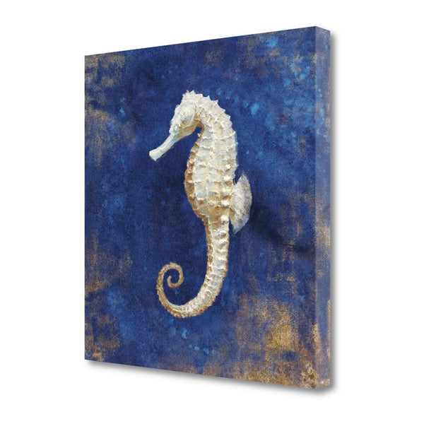 18" Rustic Deep Blue and Gold Seahorse Giclee Wrap Canvas Wall Art