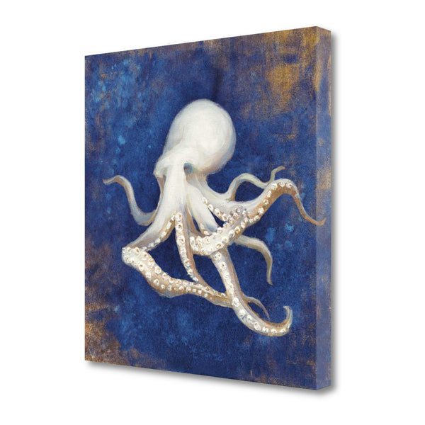 18" Rustic Deep Blue and Gold Octopus Giclee Wrap Canvas Wall Art