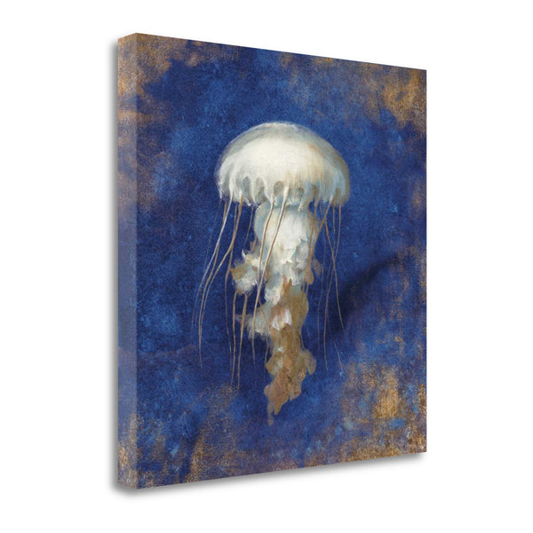 18"  Rustic Deep Blue and Gold Jelly Fish Giclee Wrap Canvas Wall Art