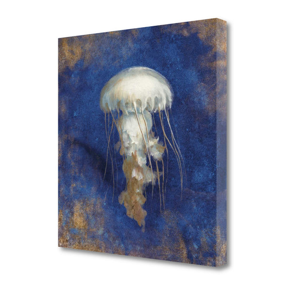 18"  Rustic Deep Blue and Gold Jelly Fish Giclee Wrap Canvas Wall Art