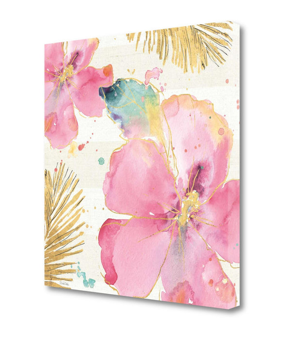 Watercolor Pink Hibiscus Flowers 1 Giclee Wrap Canvas Wall Art