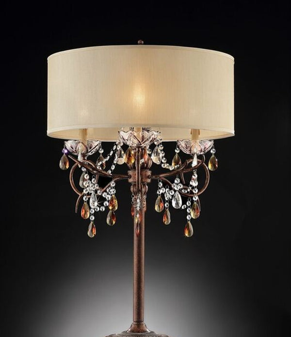 Burnished Bronze Three Light Clear and Amber Crystals Table Lamp