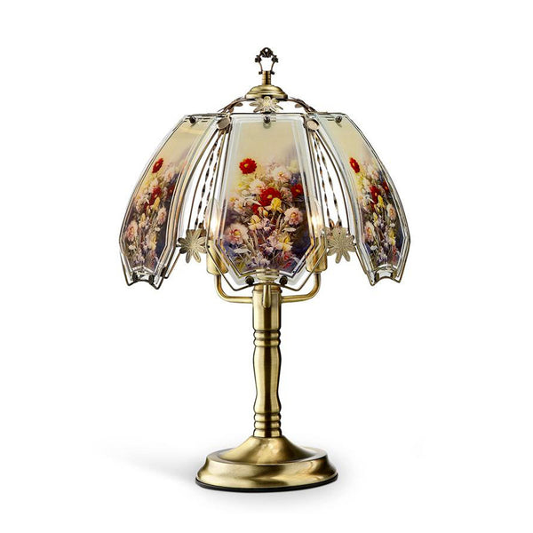 Antique Brass Table Lamp with Floral Glass Shade