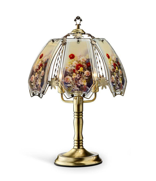 Antique Brass Table Lamp with Floral Glass Shade