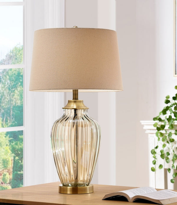 Golden Hue Glass Table Lamp with Cream Fabric Shade