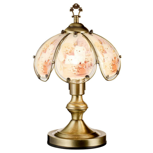 Antique Brass Table Lamp with Kitten Glass Shade