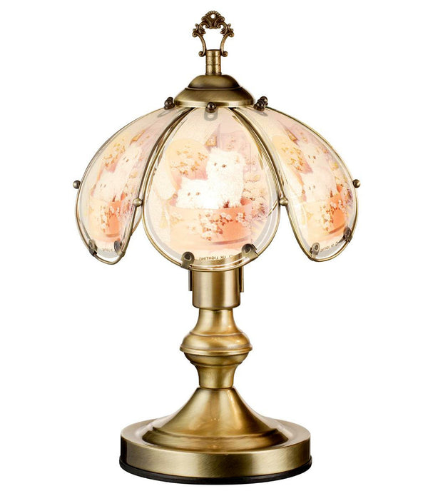 Antique Brass Table Lamp with Kitten Glass Shade