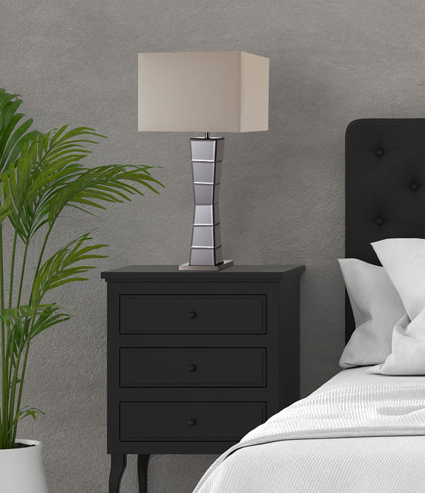 Black Glass Tower Table Lamp with Beige Fabric Shade